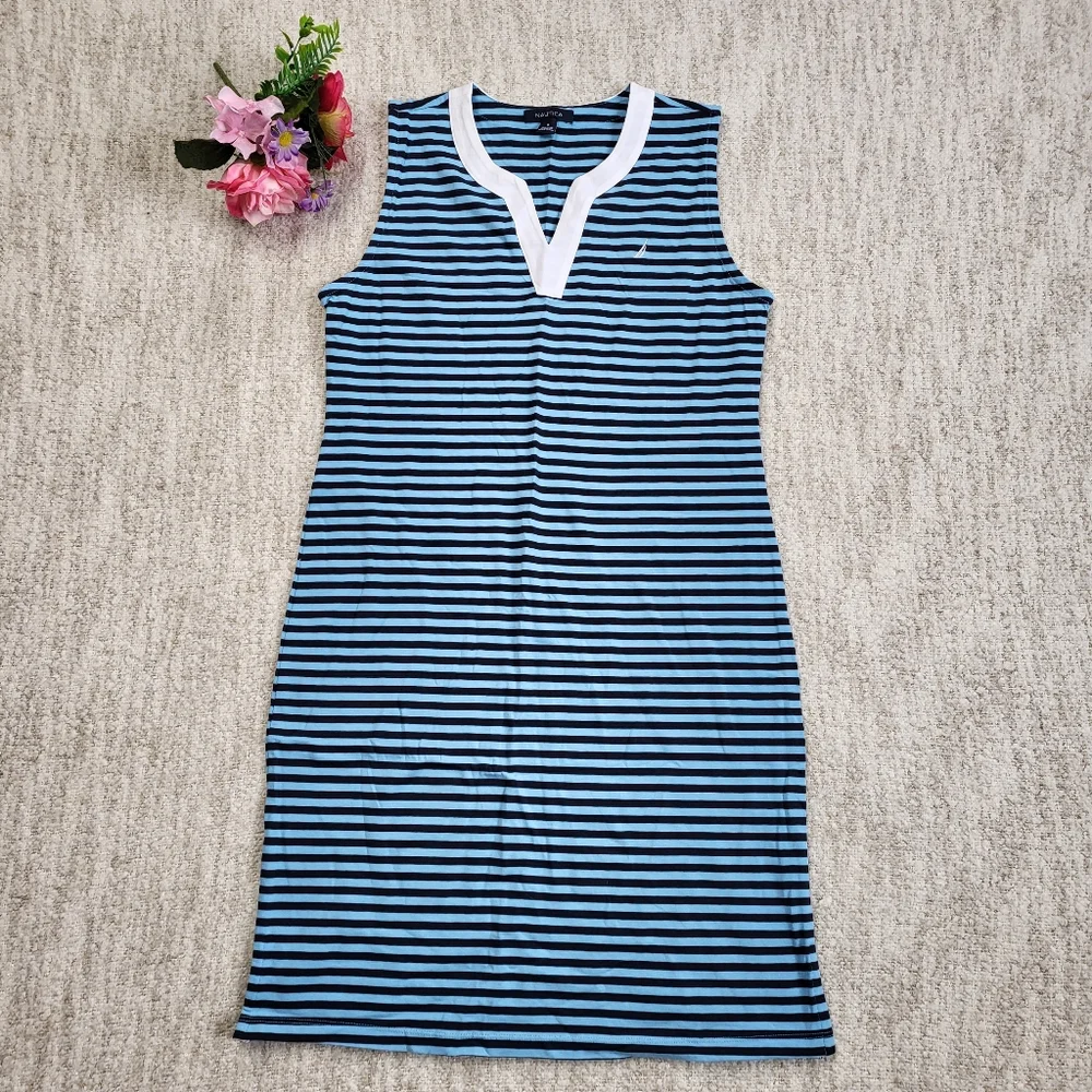 Nautica Blue Sheath V-neck Striped Sleeveless Logo Knee-length Dress - Picture 1 of 8
